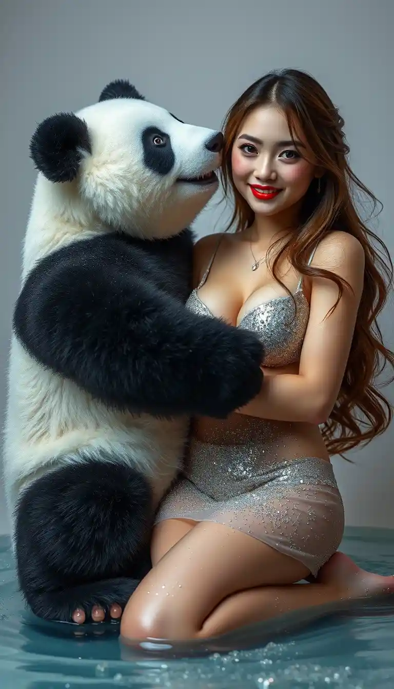 浪漫女子貼近抱著毛茸茸熊貓微笑
