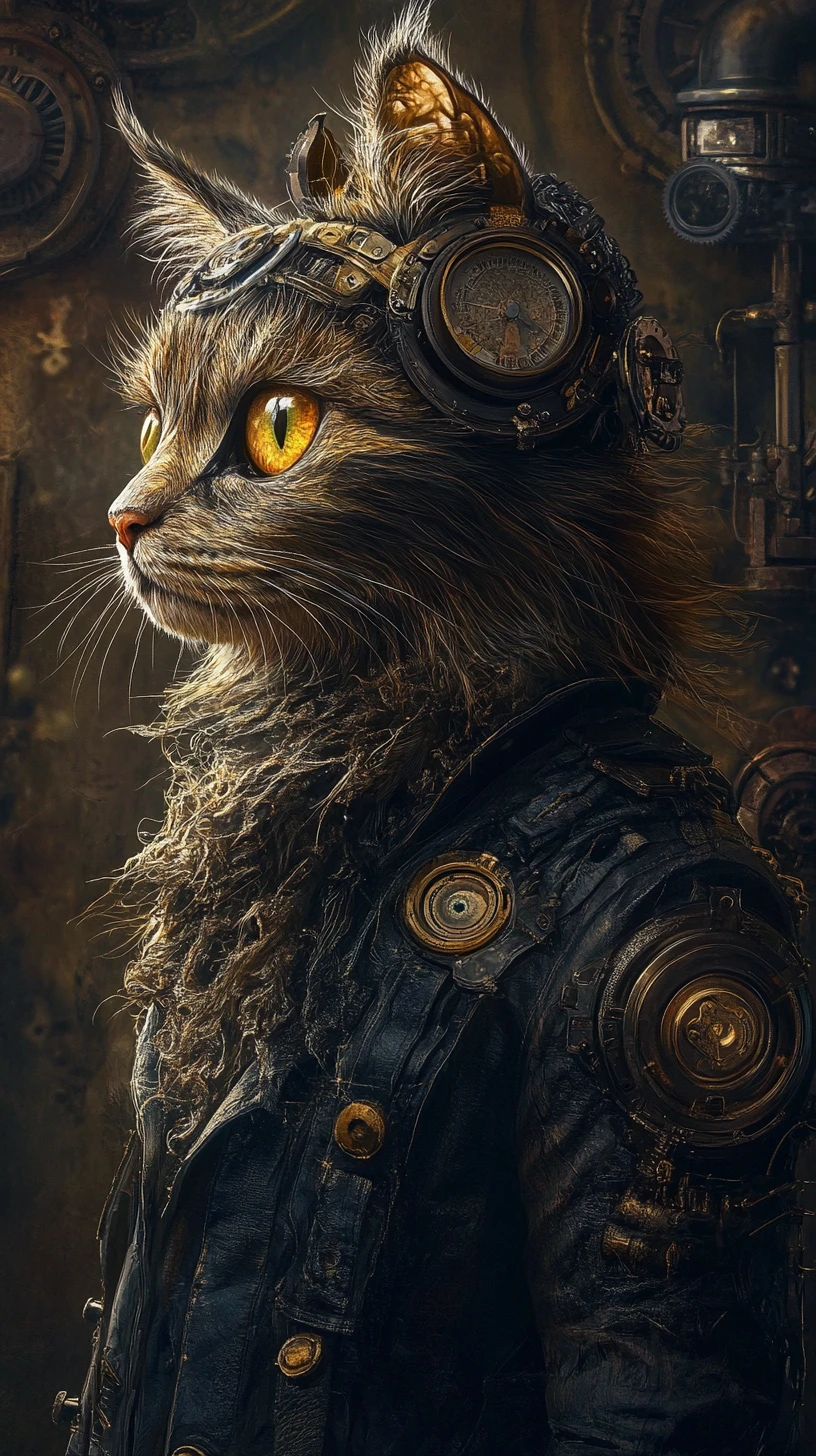 Surreal-fantastische Katze in einer düsteren Steampunk-Welt