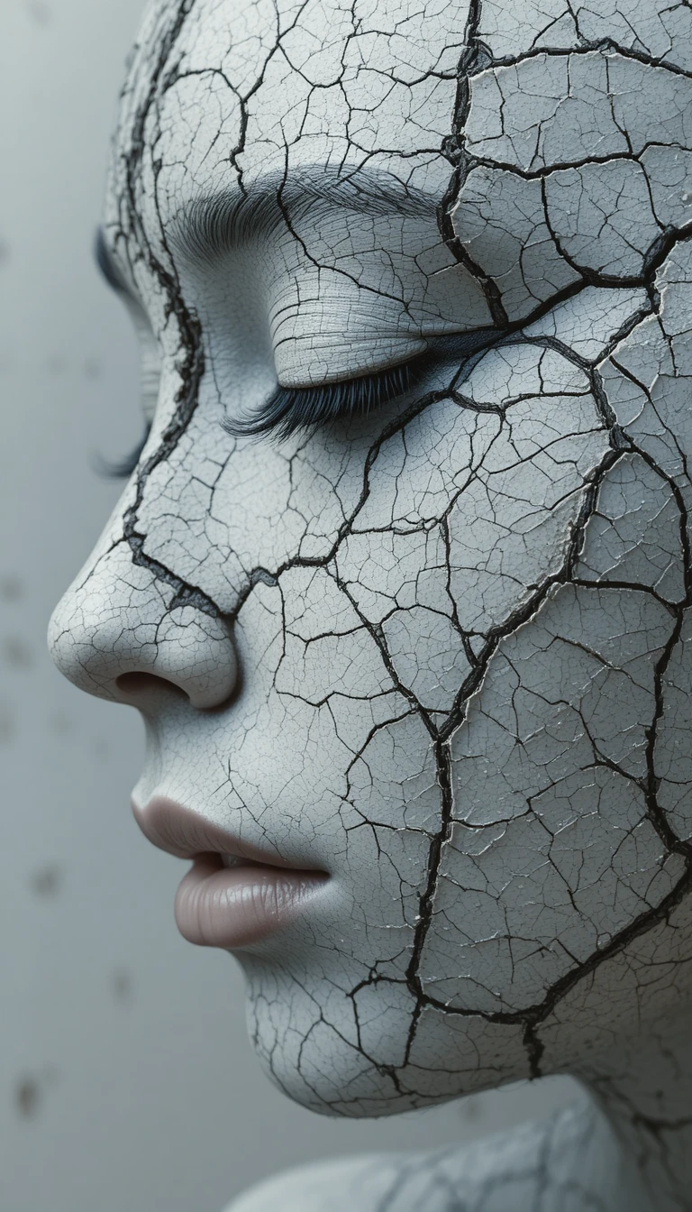 Nahaufnahme eines rissigen Gesichts mit sanftem Auge und Mund