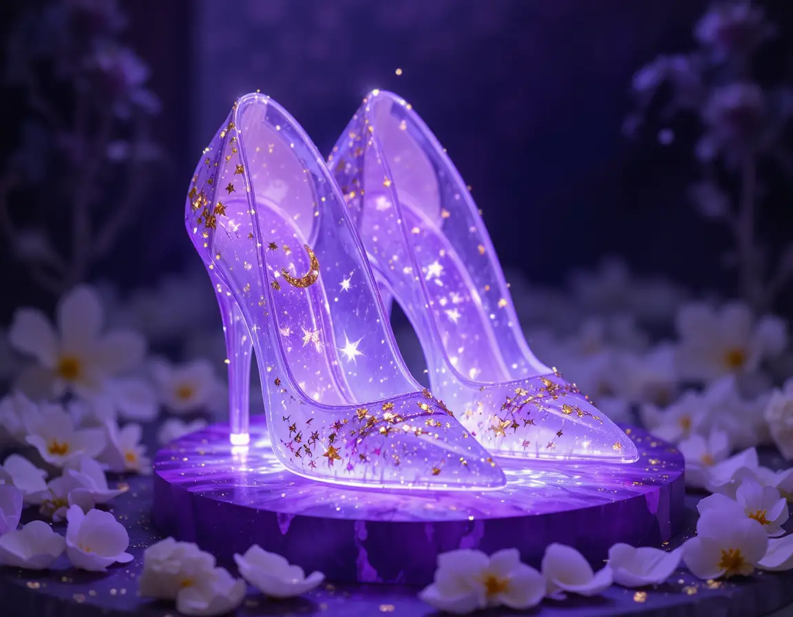 Leuchtende violette Fantasy-High Heels auf blütenbedeckter Plattform