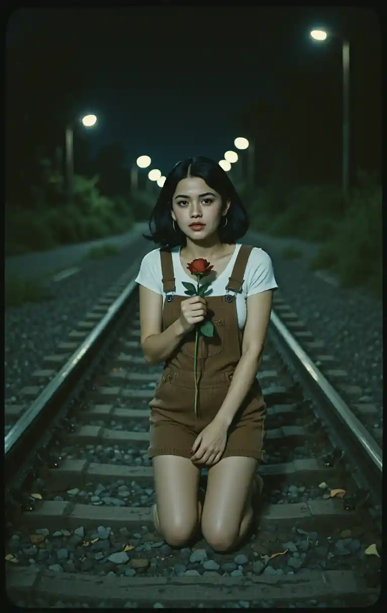 Young woman crying on night train tracks with a rose