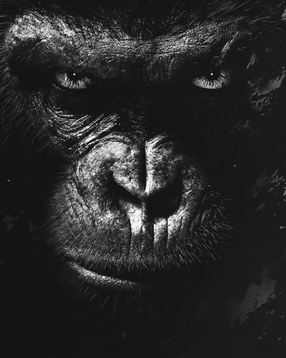 Close up horror ape portrait with piercing menacing eyes