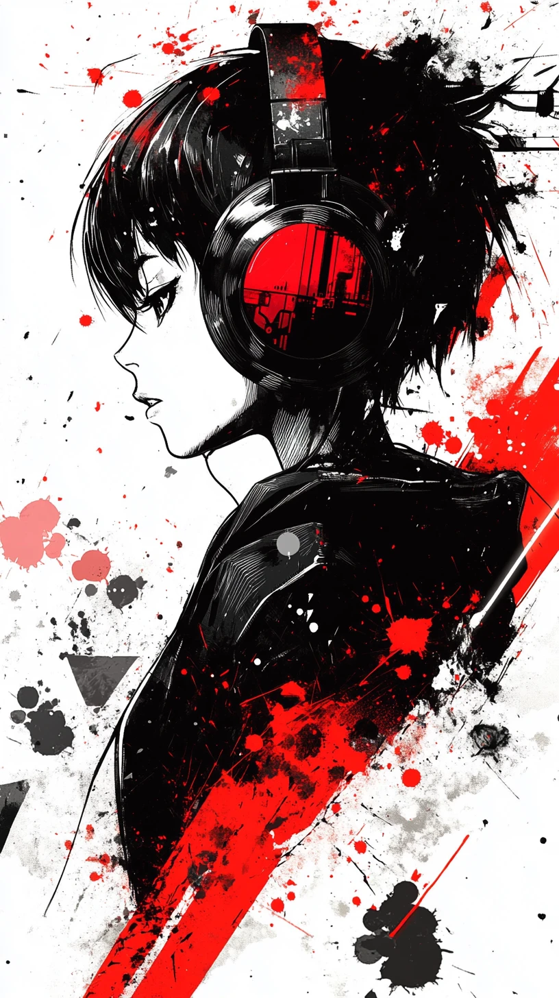 Anime girl with headphones lost in intense music