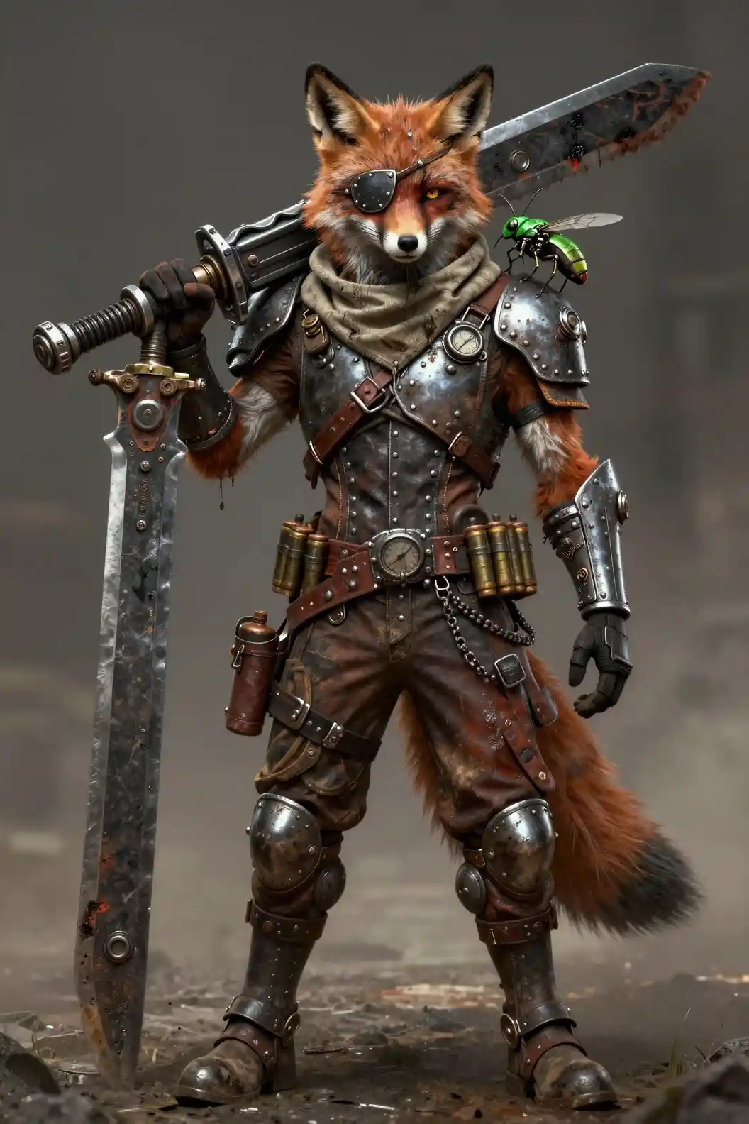 Kampfgezeichneter Fuchs-Söldner in dieselpunk-industrieller Rüstung