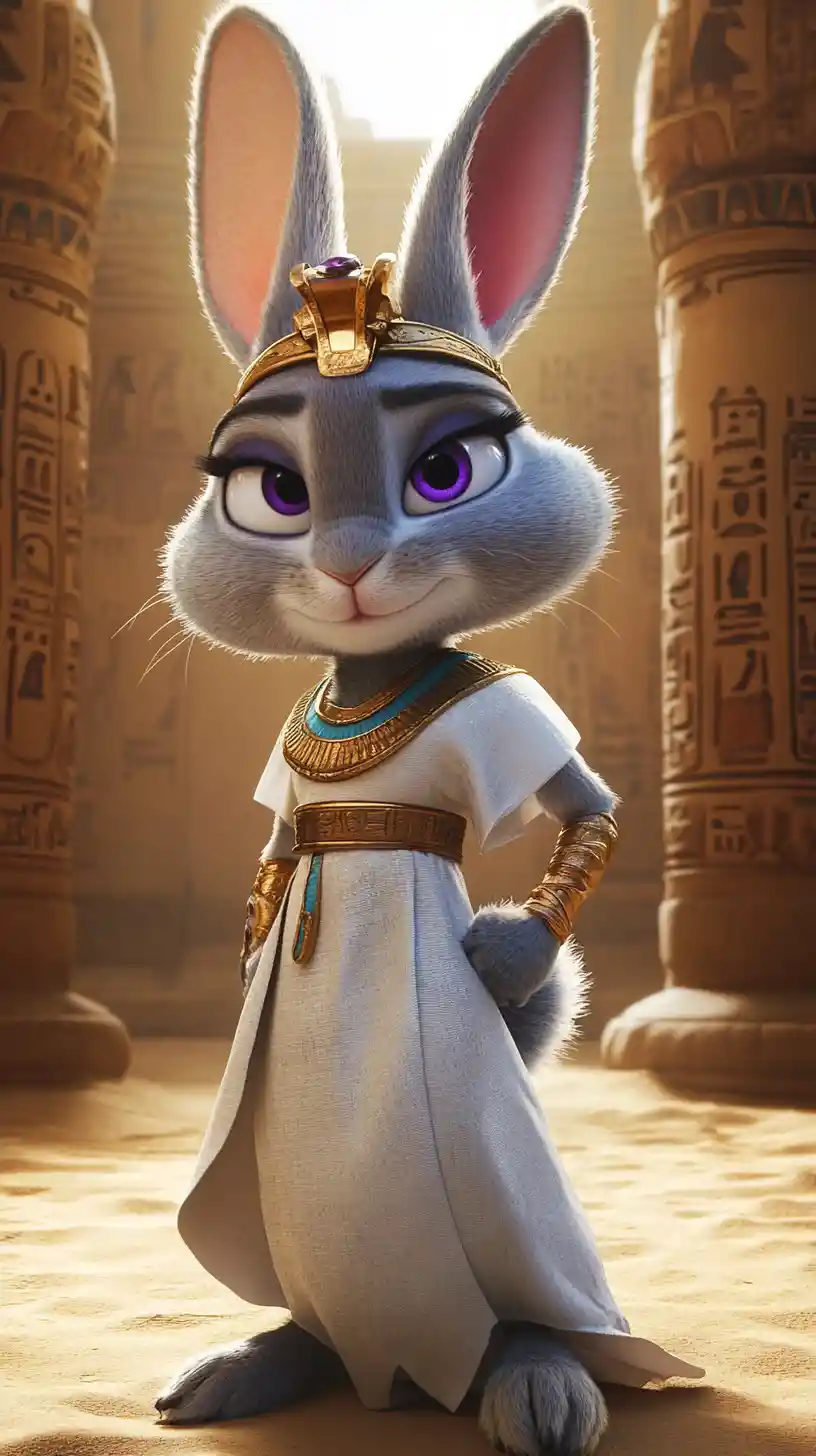 Anthropomorphic rabbit in egyptian robes in a desert temple