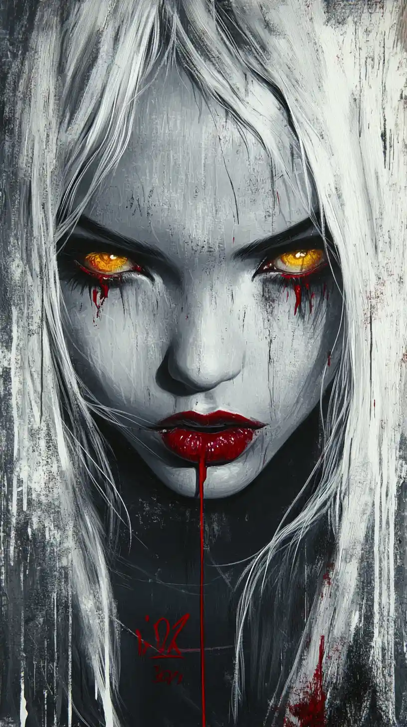 White haired woman with golden eyes and bloodied lips