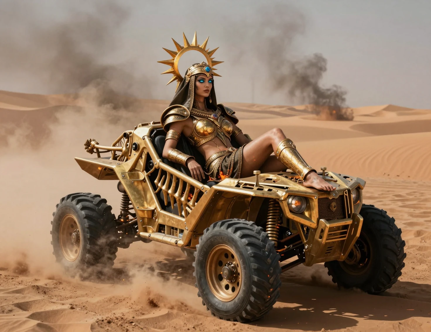 Regina del deserto che riposa su un crawler di sabbia forgiato da una fenice