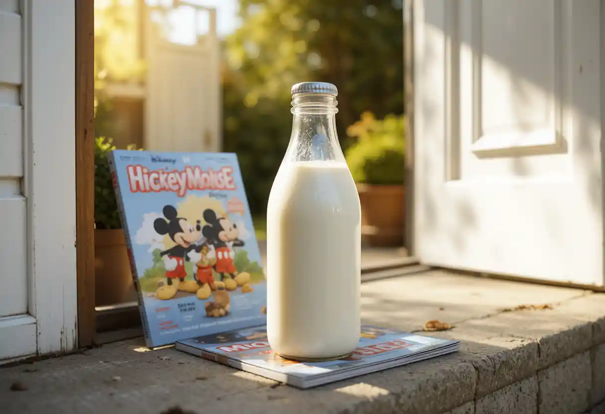 Bottiglia di latte e rivista per bambini su una soglia soleggiata