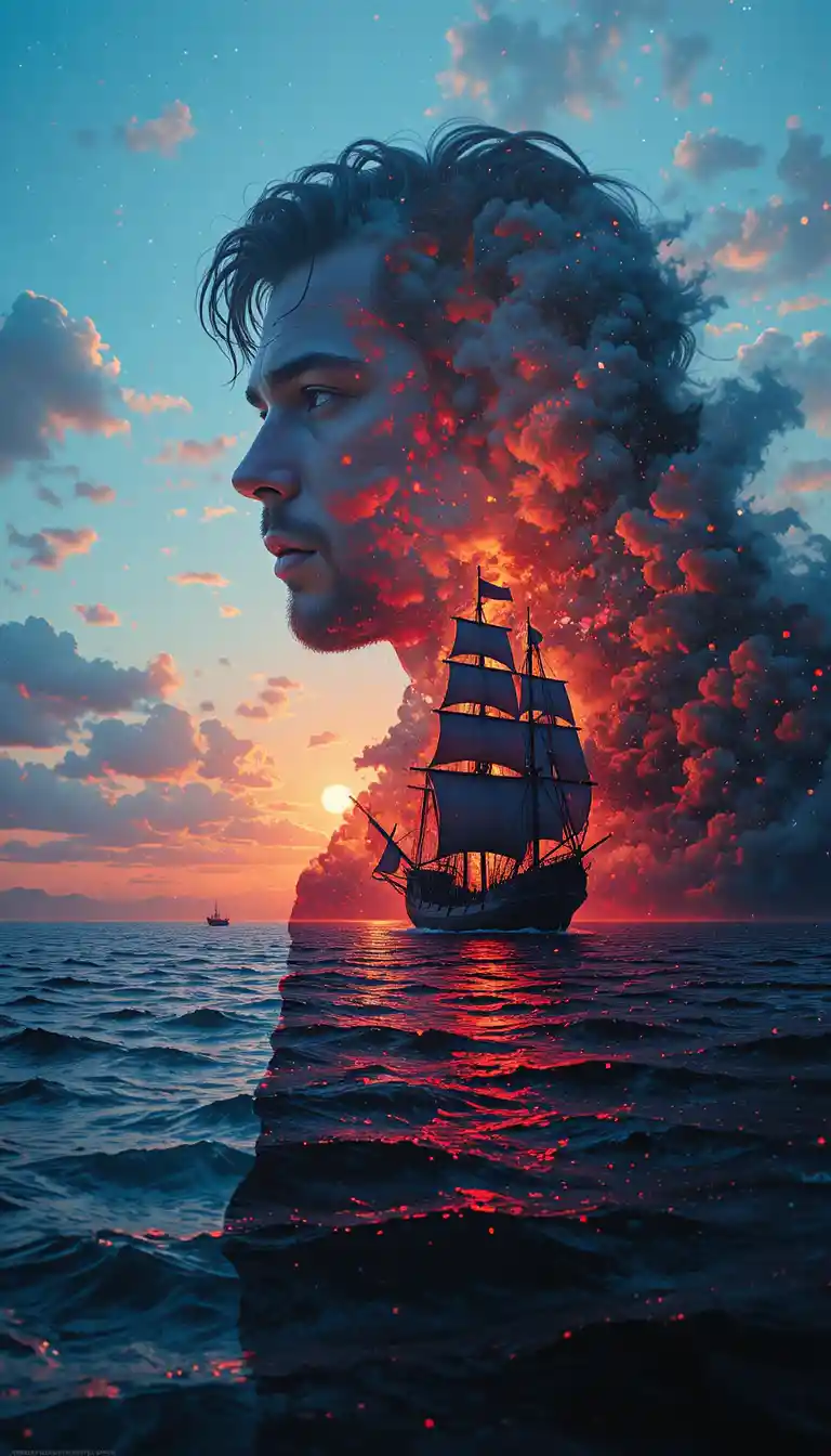 Surreal sailor silhouette with ship at red sea sunset