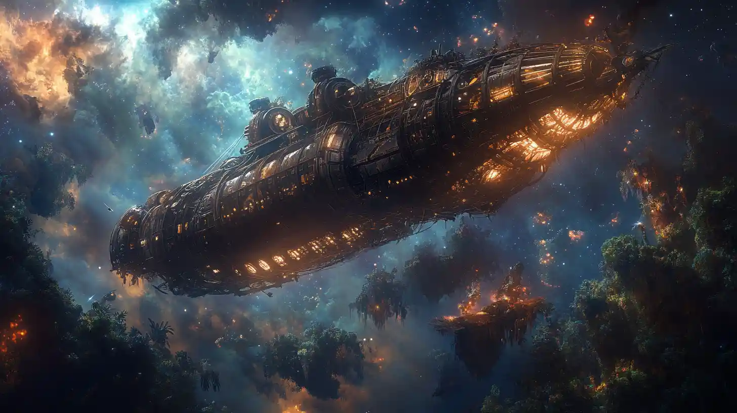 Dirigible steampunk sobre un cielo de nebulosa en espiral