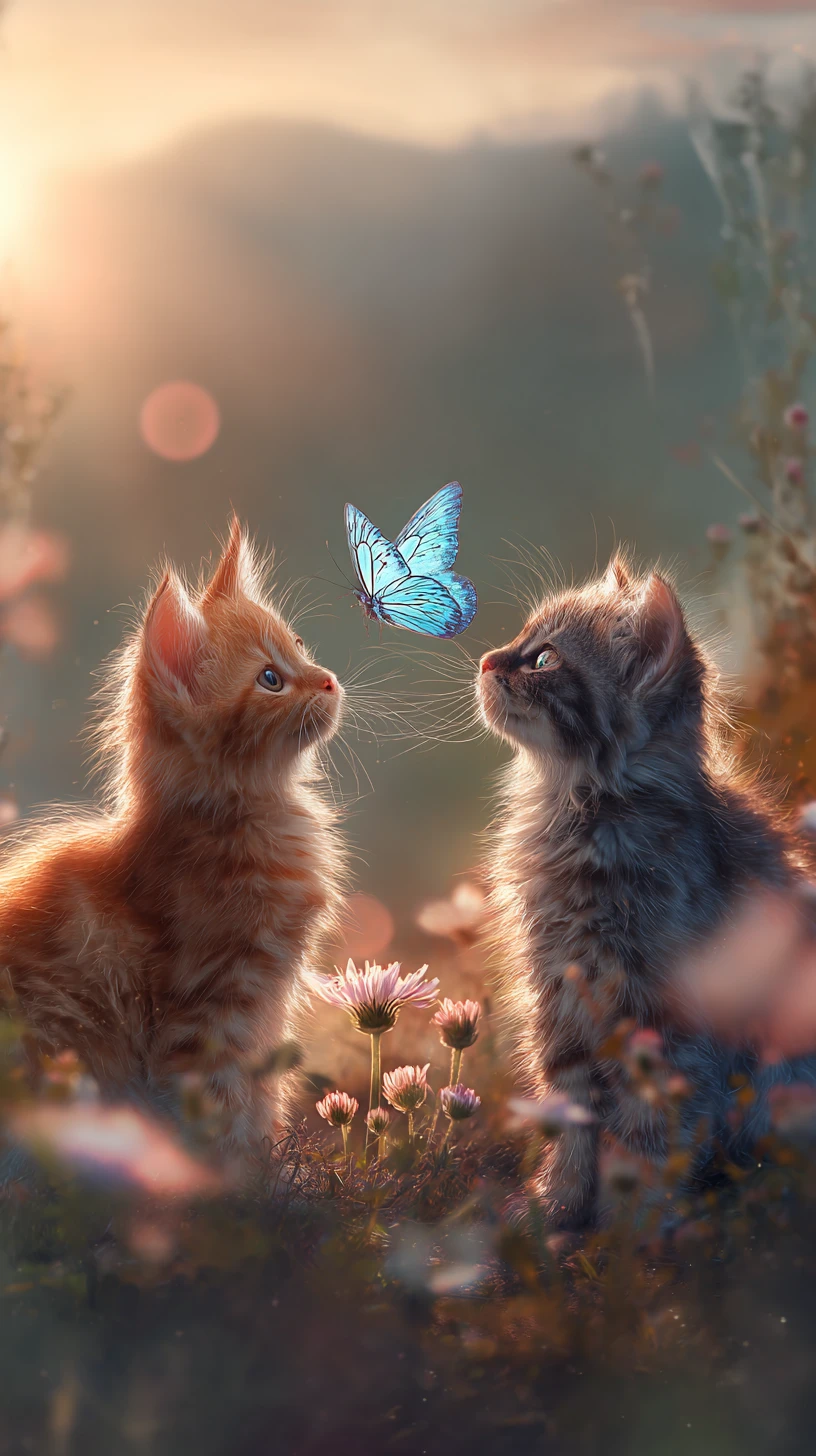 Dois gatinhos espreitando uma borboleta azul em um prado ensolarado