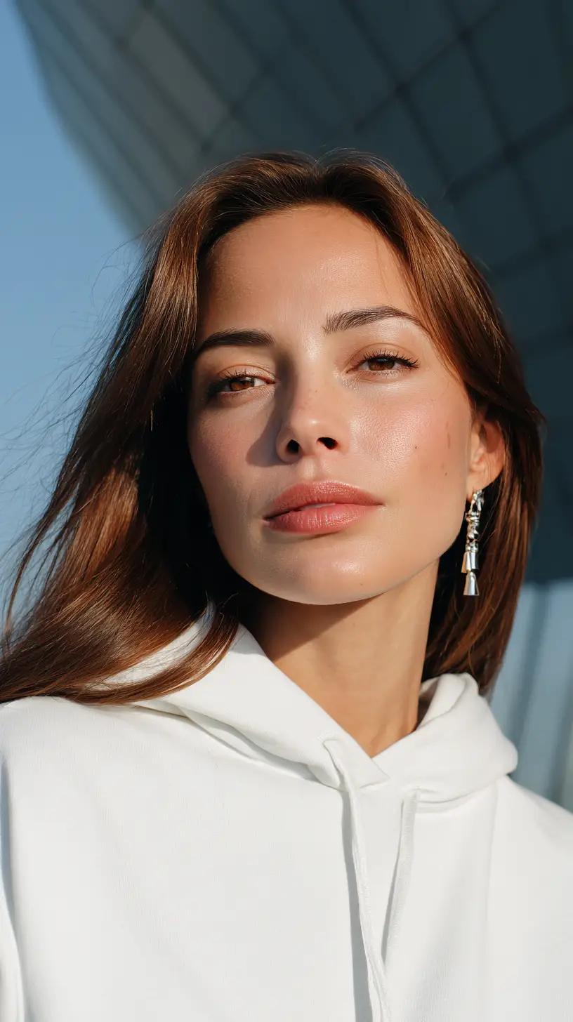 Elegant young woman in white hoodie fashion portrait