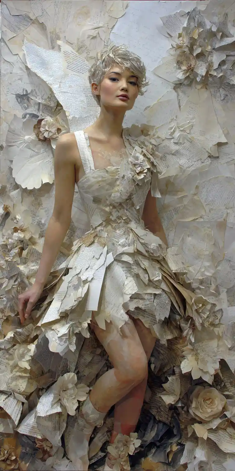 Supermodelo cercada por arte surreal em papel e tecido esculturais