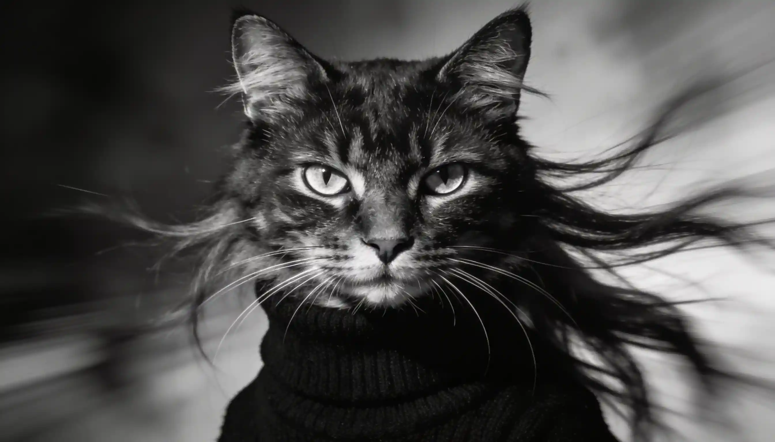 Retrato Dramático em Preto e Branco de Gato com Gola Alta