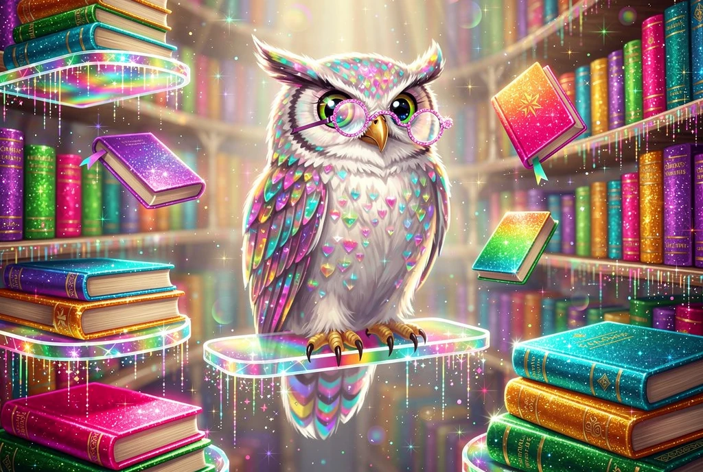 Coruja majestosa em uma biblioteca fantástica de arco‑íris brilhante