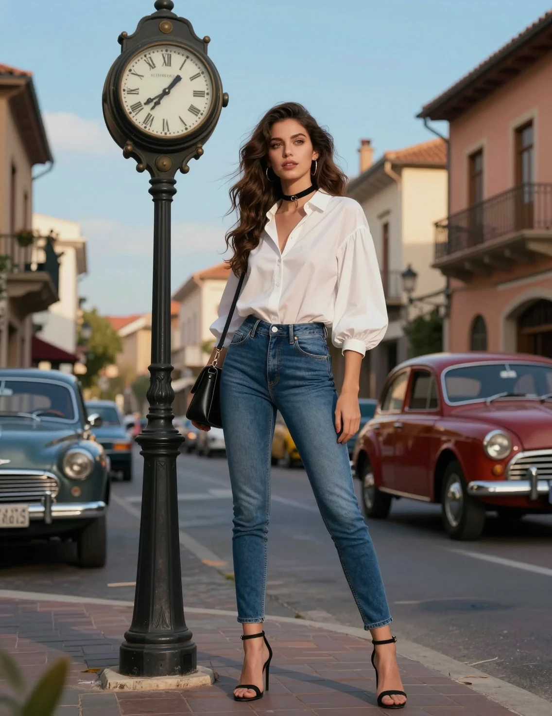 Stylish Italian woman by vintage street clock in town