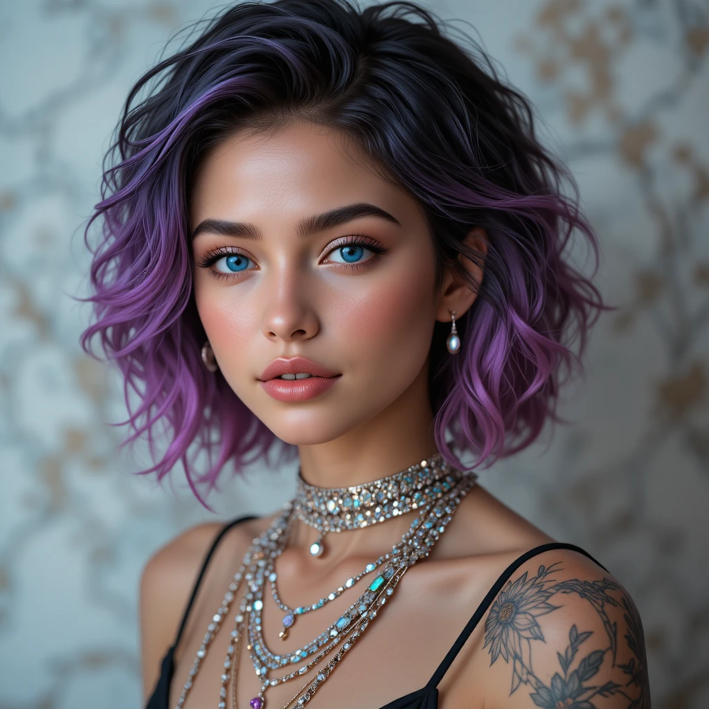 Young woman portrait with vibrant purple pink wavy hair