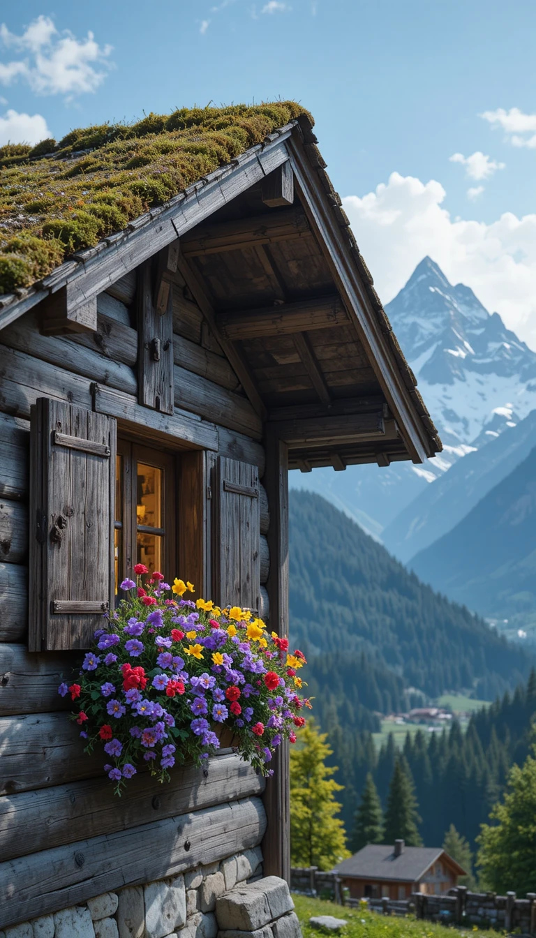 Chalé alpino rústico com flores coloridas e montanhas