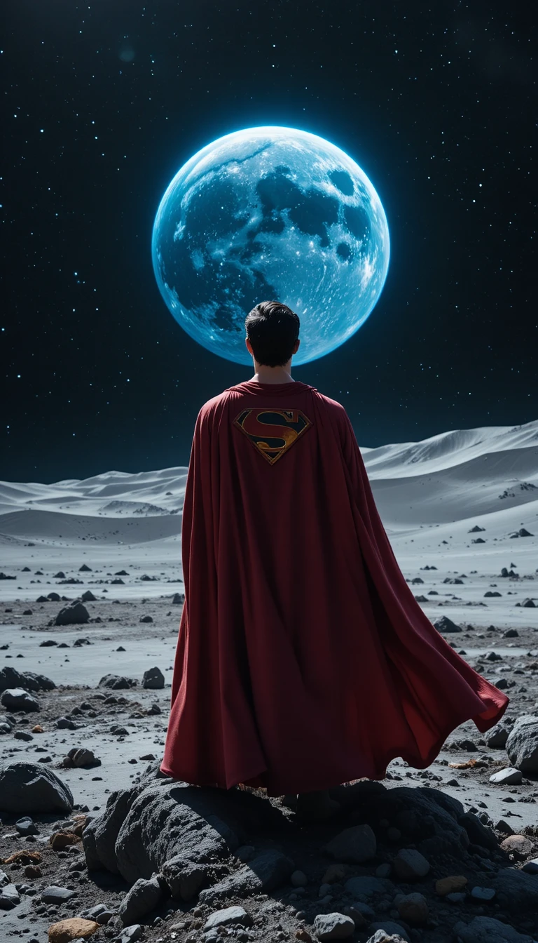 Heroic superhero standing on the moon facing distant Earth