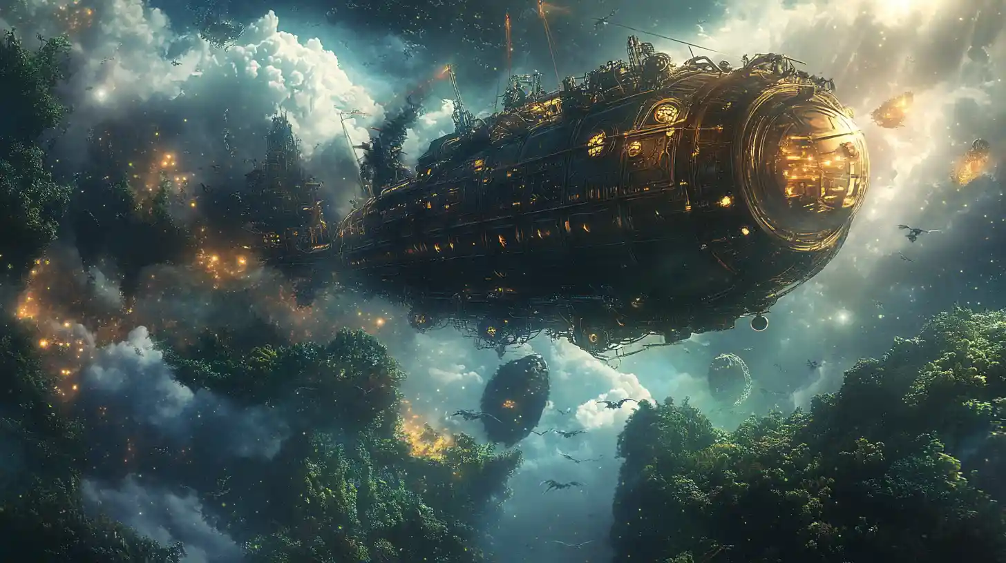 Dirigeable steampunk au-dessus du ciel lumineux d’une jungle alien