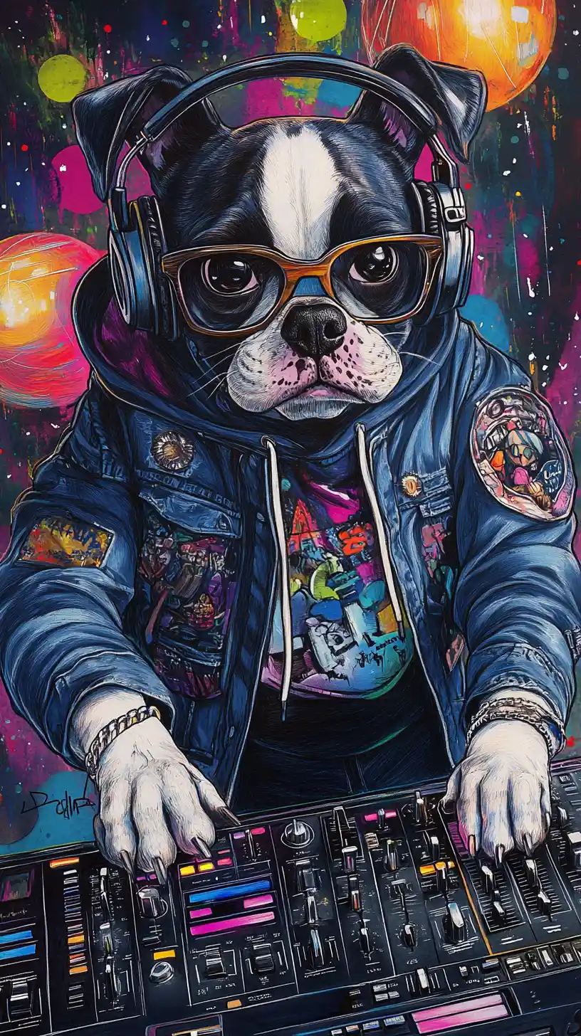 Anthropomorphic dj dog in glasses at a vibrant nightclub