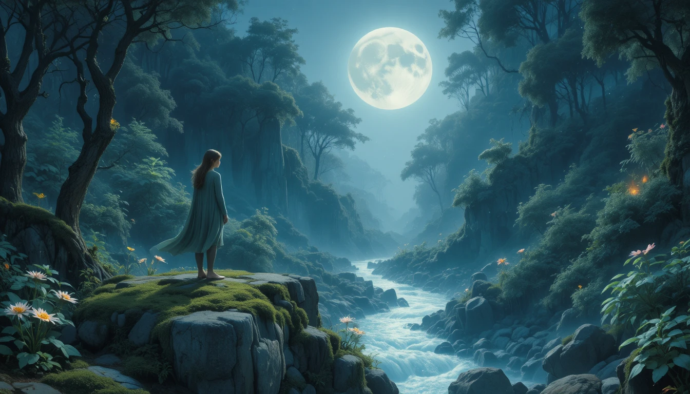 Elfe éthérée sur pierre ancestrale dans une forêt au clair de lune