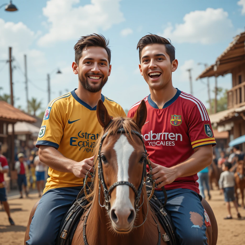 Zwei pummelige Fußballstars reiten auf einem Pferd durch ein Dorf