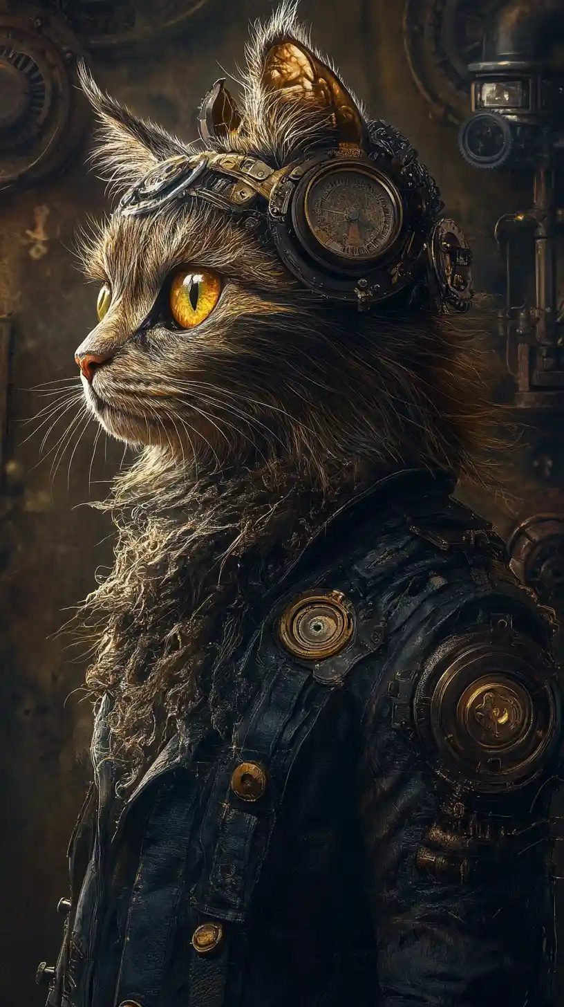 Surreal-fantastische Katze in einer düsteren Steampunk-Welt