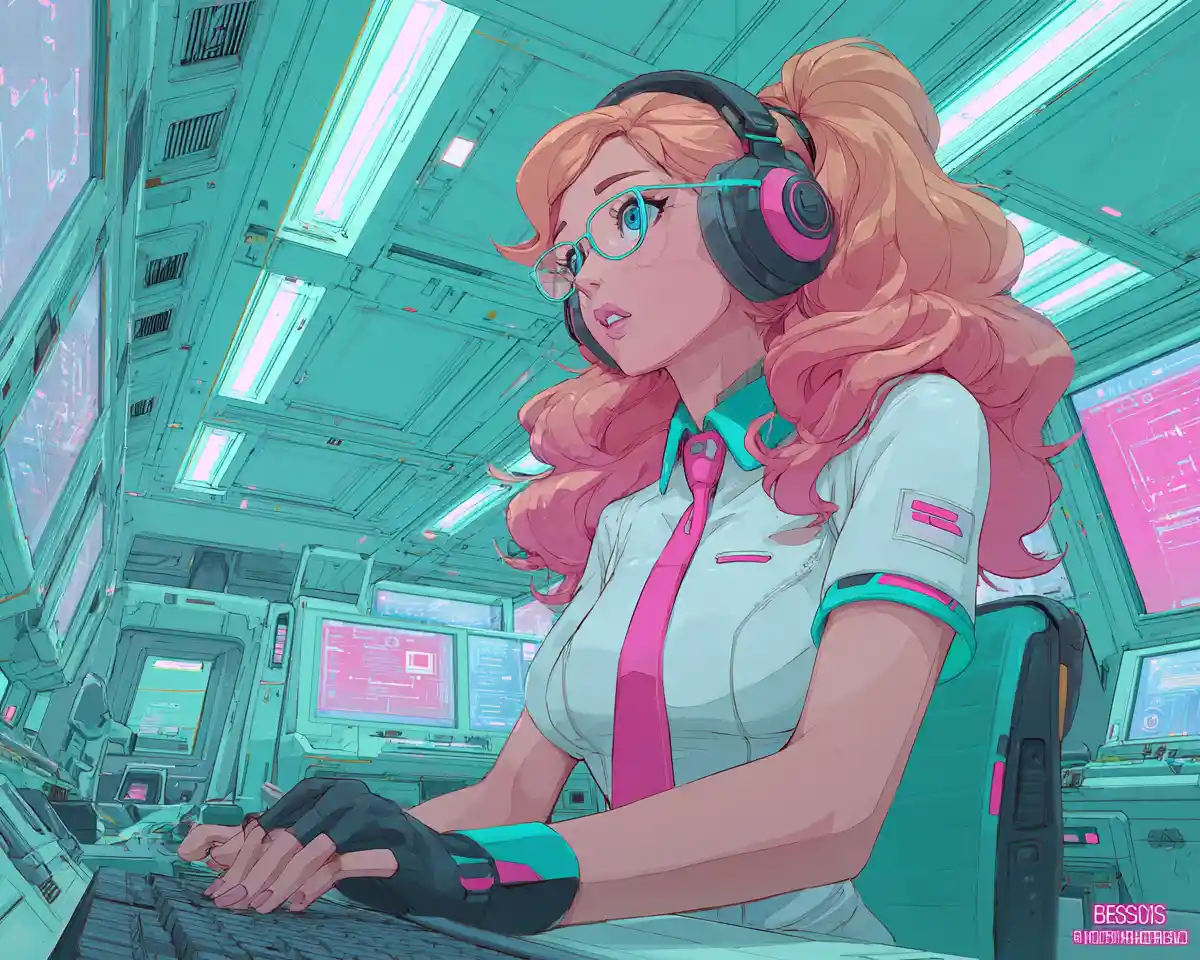 Anime girl operator in neon lit spaceship control bay