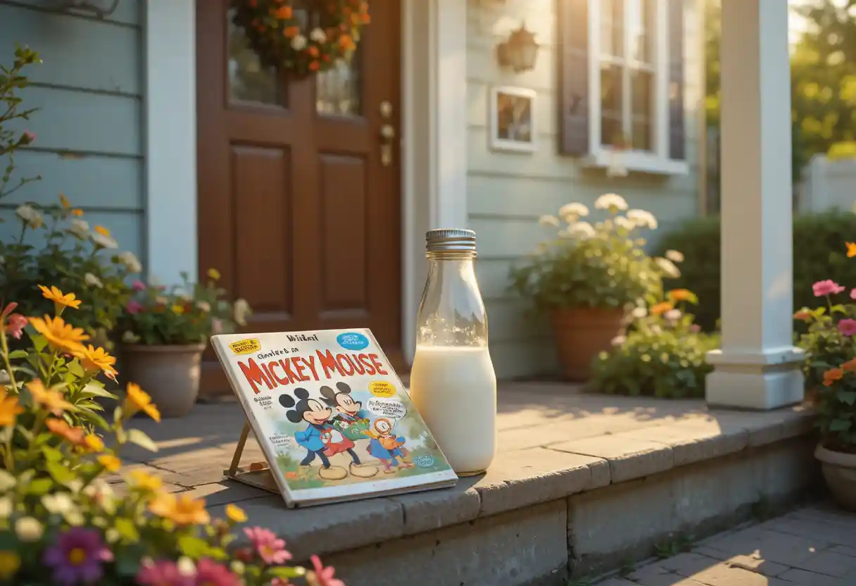 Vintage-Milchflasche und Magazin auf sonniger Haustürstufe
