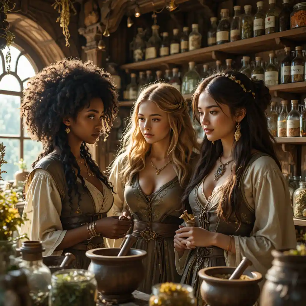 Fantasy-Mädchen beim Einkaufen in einem rustikalen Kräuterladen