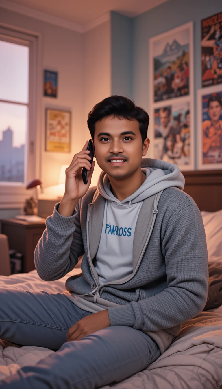 Adolescent indien sur son lit parlant joyeusement au téléphone