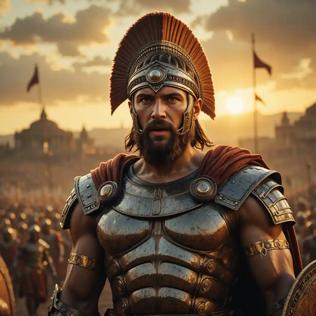 Spartan warrior king standing proud in rising sun armor