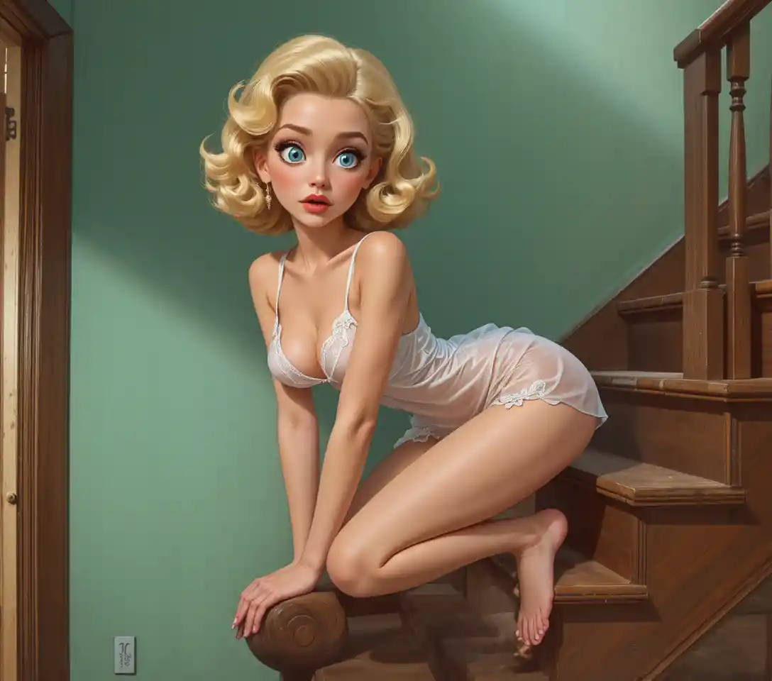 Playful blonde pin up woman on a wooden staircase