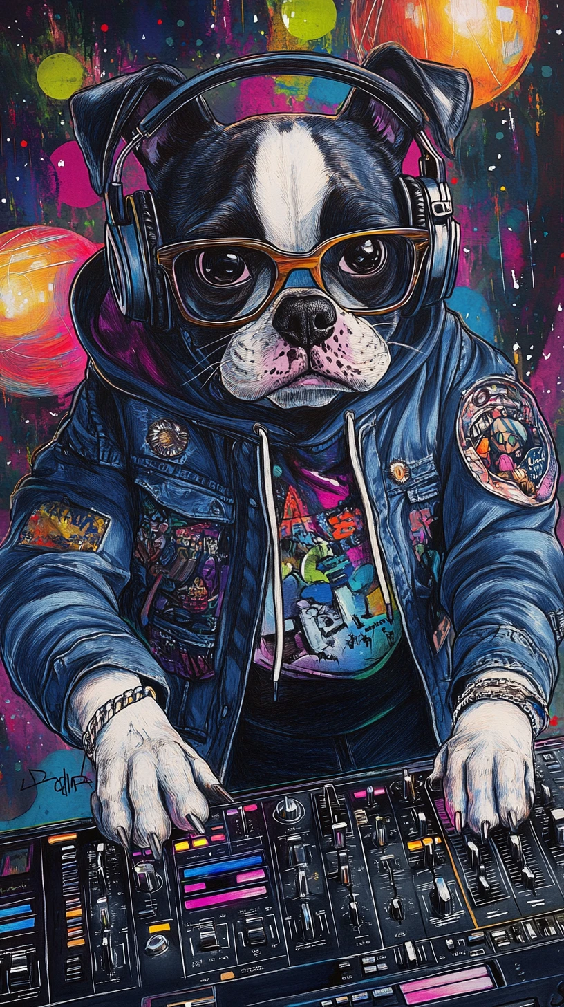Chien DJ anthropomorphe avec lunettes dans une boîte de nuit vibrante