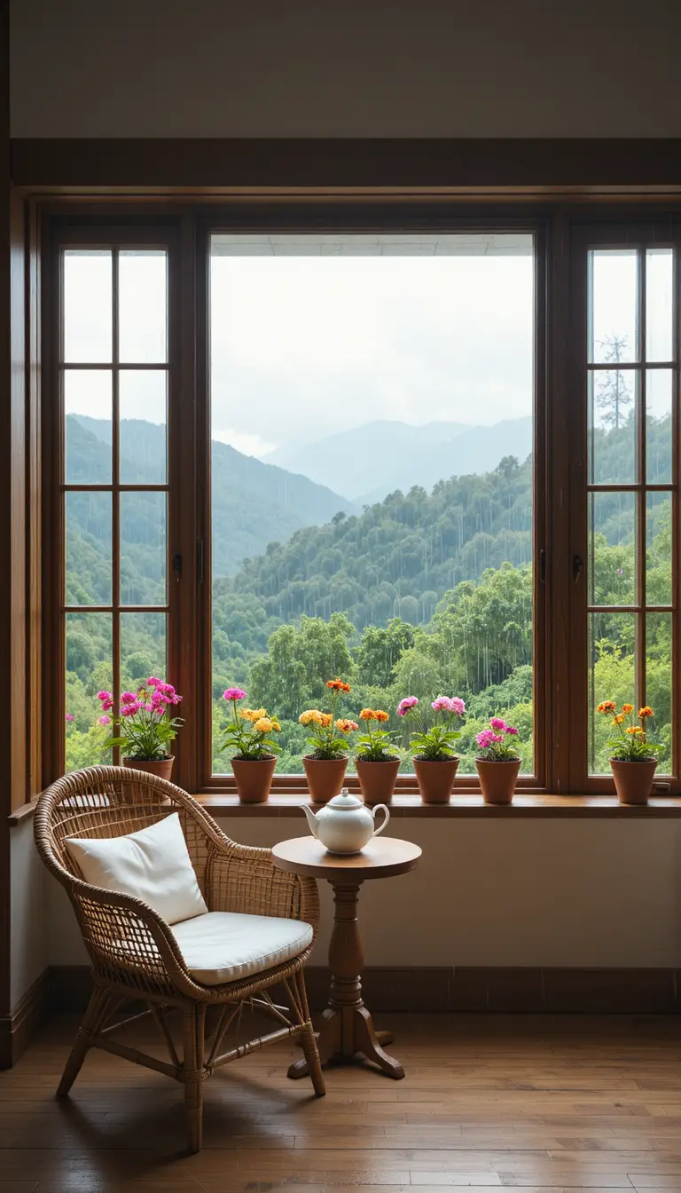 Cozy armchair reading nook by a rainy mountain window