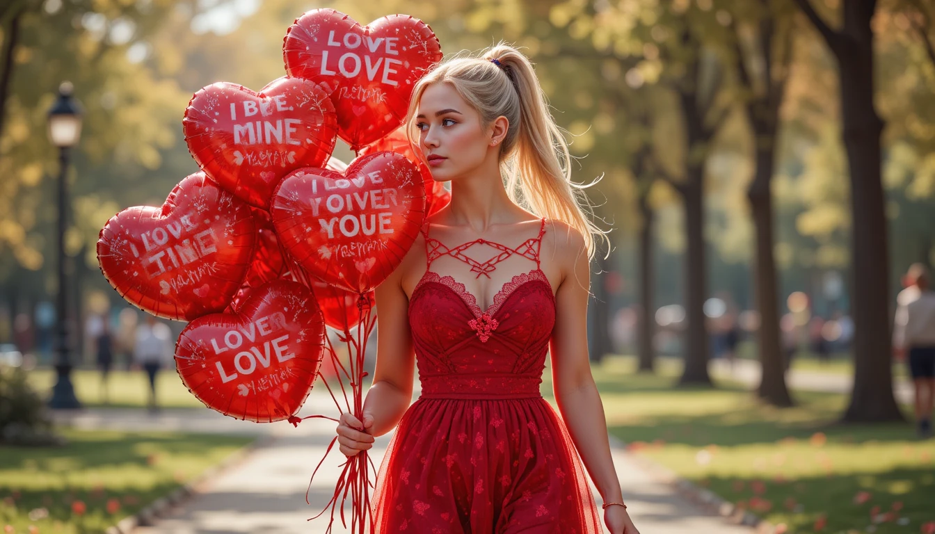 Giovane donna con palloncini a forma di cuore rossi in un parco
