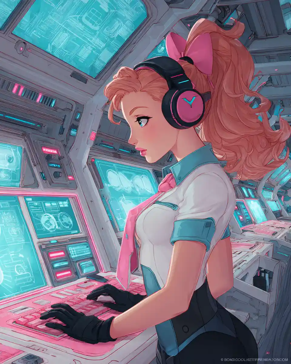 Anime girl operator at neon lit spaceship control bay