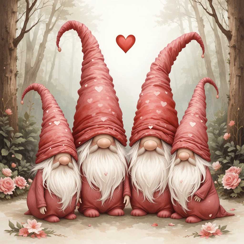 Gnomi acquerello di San Valentino in soffice scena di bosco