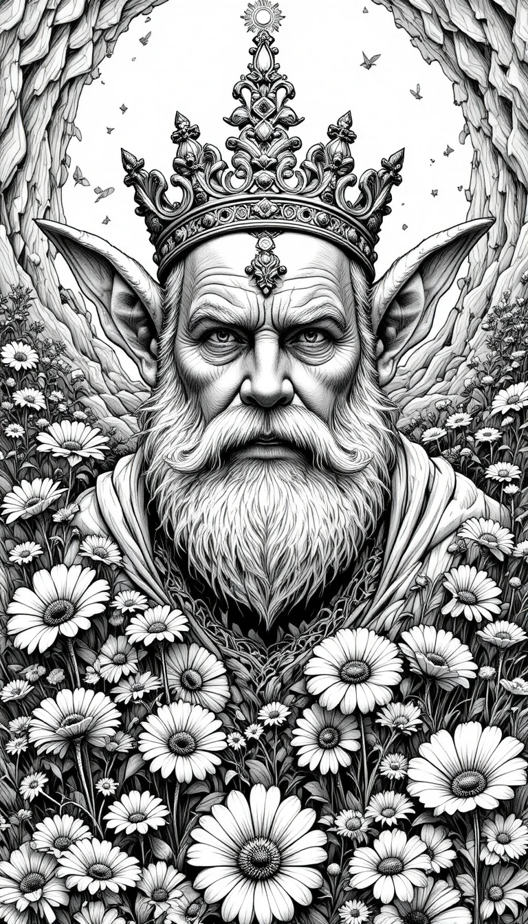 Vieil homme barbu avec une couronne parmi des fleurs détaillées