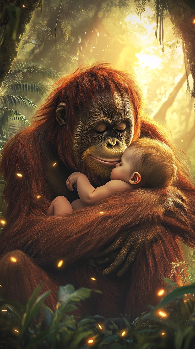 Orang-outan tenant un bébé humain dans une jungle lumineuse