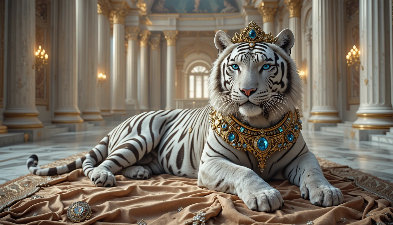 Regal white tiger in jeweled elven armor on palace floor