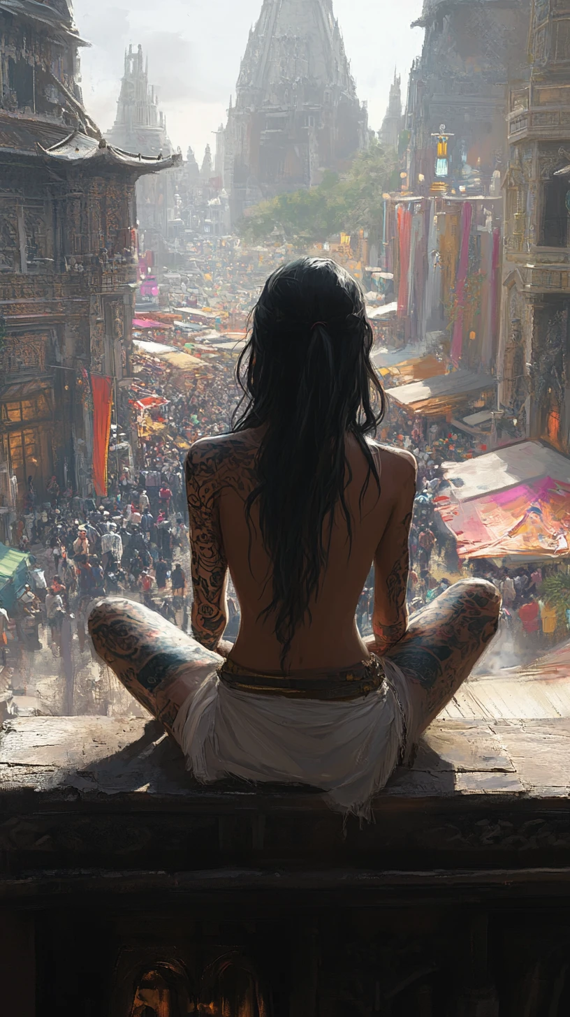 Garota de anime tatuada acima de um antigo mercado na torre