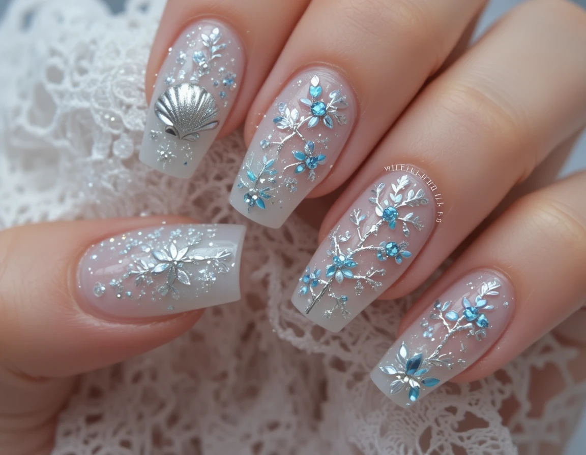Winterliche Maniküre mit eisigem Silber und blauer Nailart