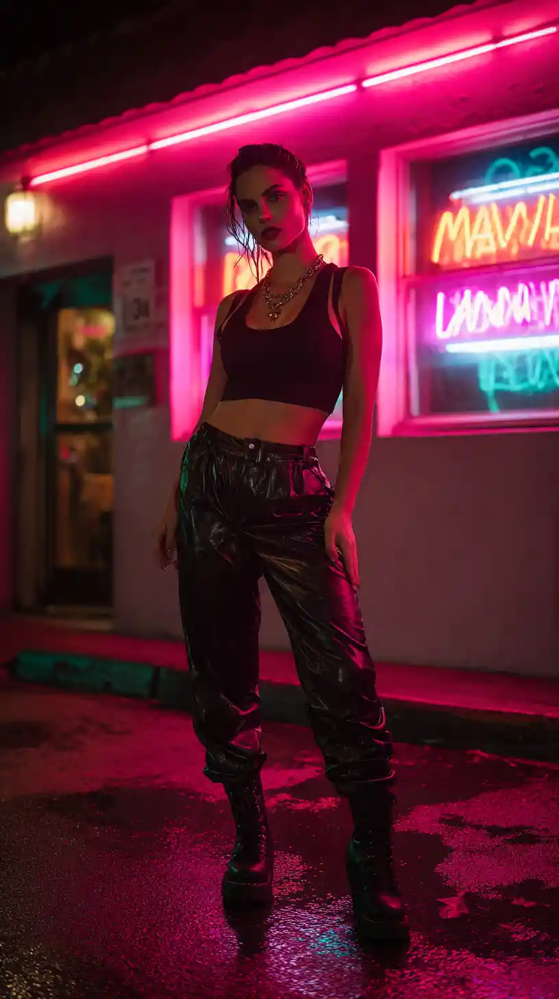Strong urban woman under neon lights on wet city street