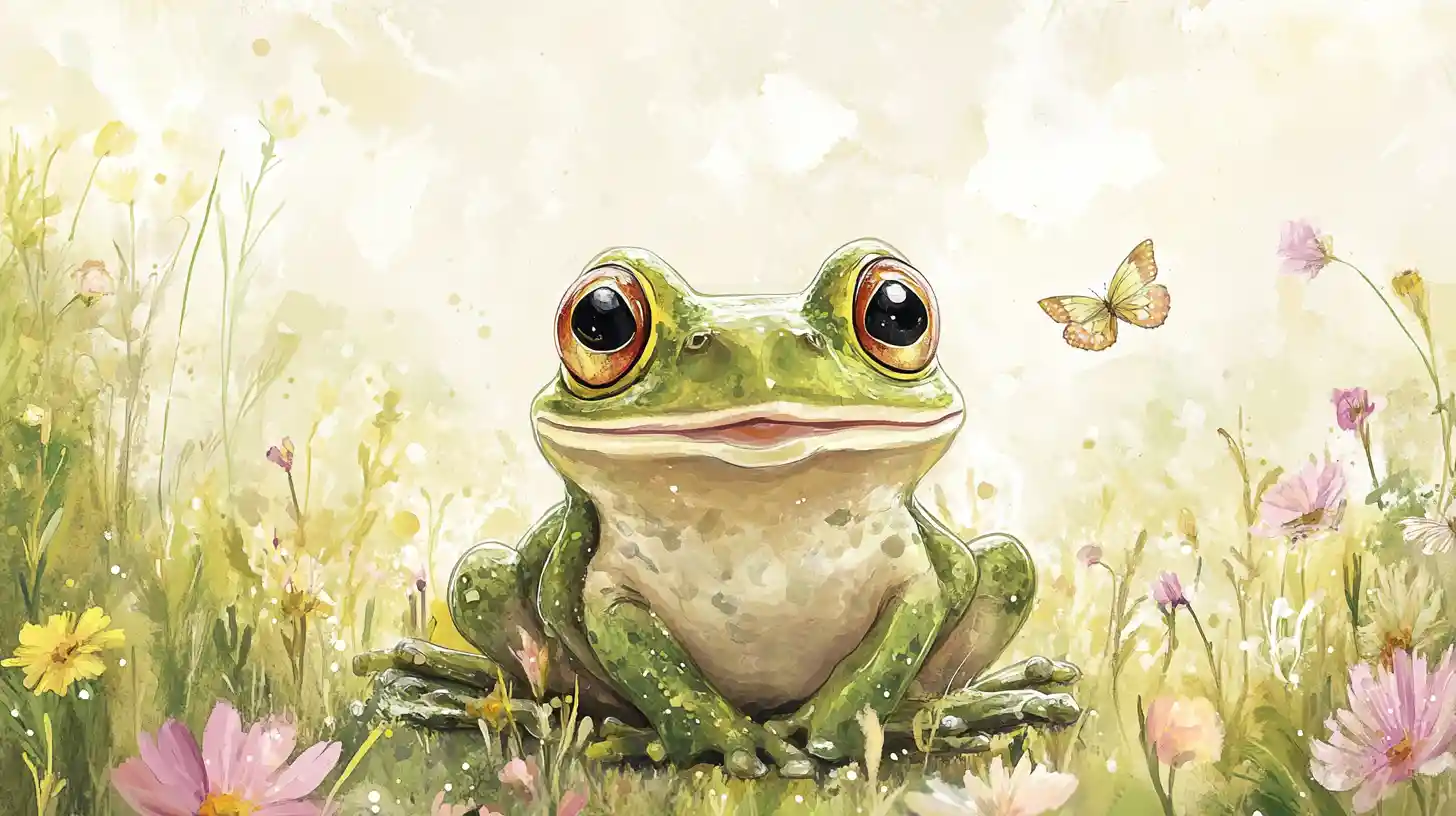 Adorable bébé grenouille dans une prairie ensoleillée à l’aquarelle