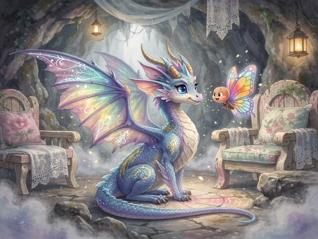 Colorful mystical dragon with wings in a cozy cave