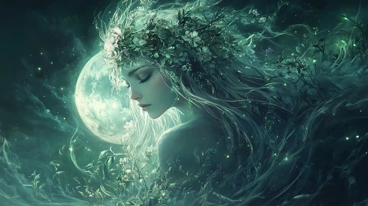 Ethereal Moonlit Goddess In A Glowing Fantasy Jungle