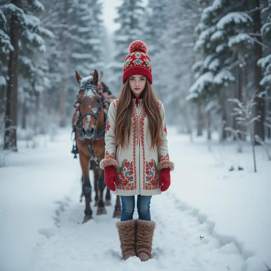 Young woman in crimson hat in snowy Siberian forest