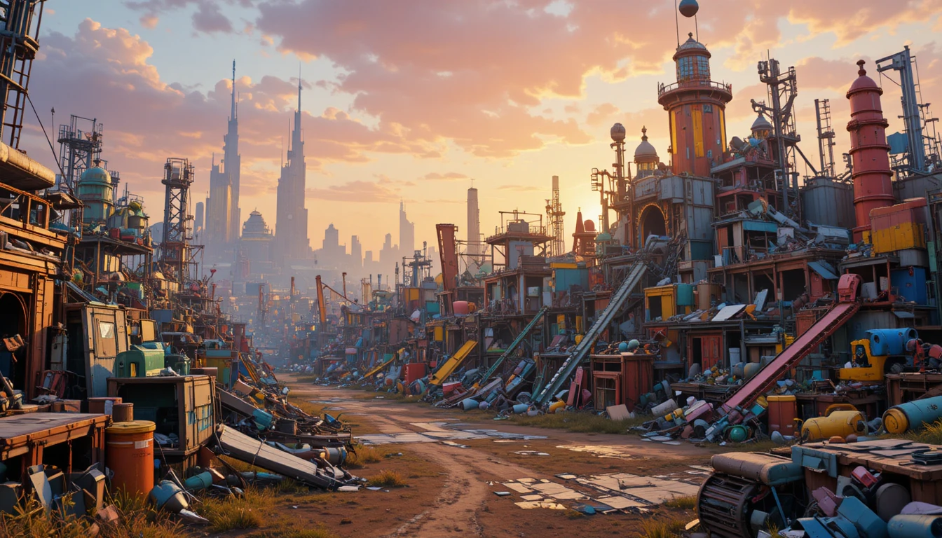 Demolizione colorata accanto a una città futuristica al tramonto